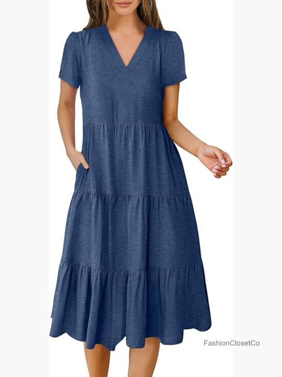 Dresses & Skirts - Short Sleeve Midi Dress with Pockets, V-Neck, Tiered, Casual Beach Vacation